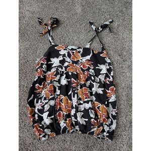 Tennis Womens Floral Tie Strap‎ Camisole Smocked Hem Bubble Top Black Rust XS